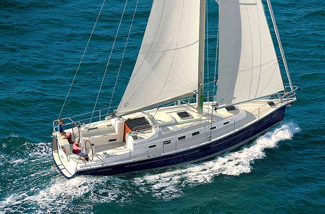 Wide shot of the exterior of The Blue Jacket 40 sailing boat 