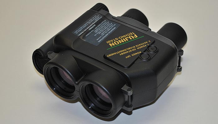 Product photo: Fujinon 14x40 Techno-Stabi binoculars on gray background
