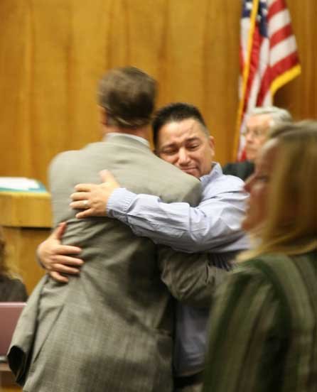 Bismarck Dinius Hugs His Attorney Victor Haltom After Verdict