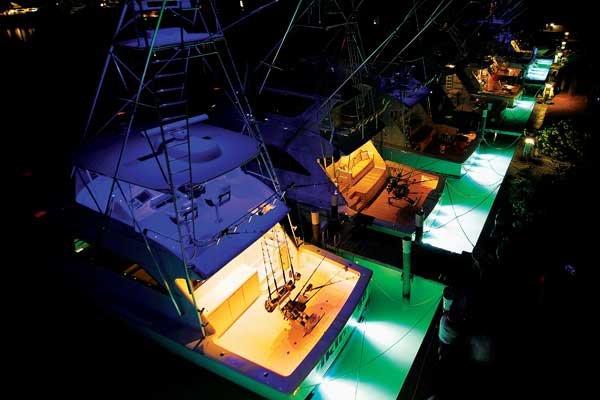 A fleet of Viking sportfishermen show off white lights below the waterline. (Photo: OceanLED)