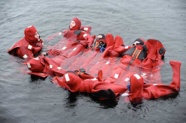 Survivors in Water Suits Waiting for Rescue