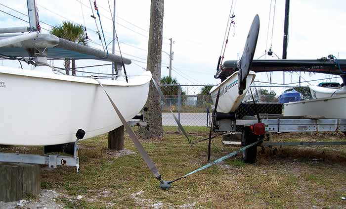 Trailered boats tied down
