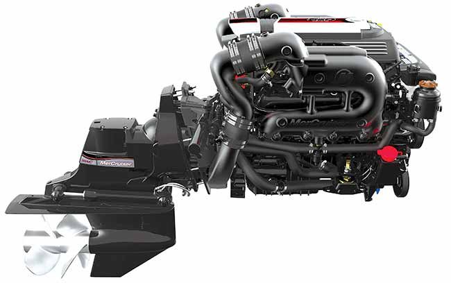 A product shot of a boat engine with a propeller attached