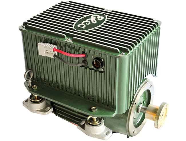 A product shot of a green boat motor