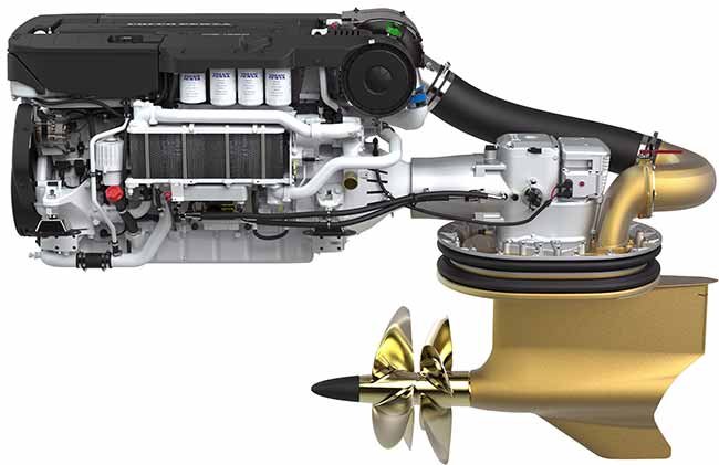 A product shot of a boat engine with a propeller attached