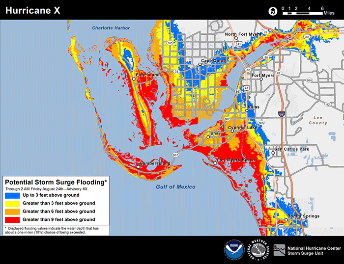 A map of potential storm landfall color-coded