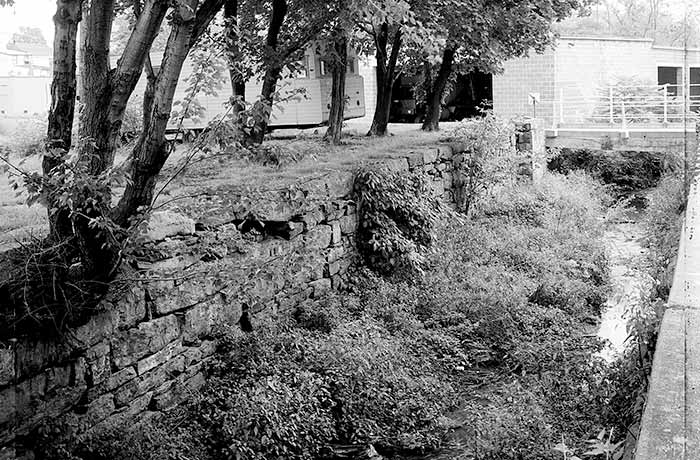 Black and white photo from 1982 of a canal system lock overgrown with grass and debris