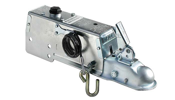 Close-up photo of silver-colored boat trailer coupler