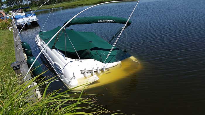 Boat cover filled with rainwater