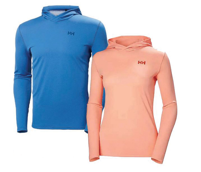 A blue lightweight men's hoodie and pink lightweight women's hoodie.