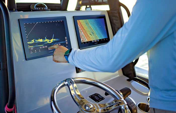 Garmin-Livescope XR chartplotter installed at the boat helm