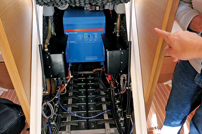 Large bank of ­li-ion batteries with a properly programmed charger (the blue box shown) 