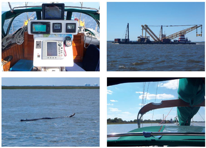 Photo of a vessel navigation and communication electronics, large freight boat, debris in the water and shore