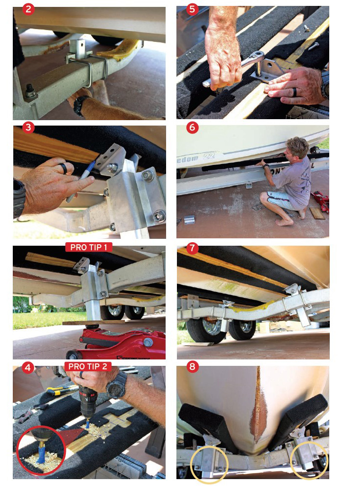 Collection of eight photos displaying how to add target bunks to a trailer 