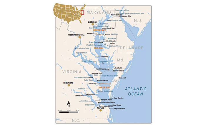 Map and graphic showing the Chesapeake’s shoreline off the Atlantic Ocean.