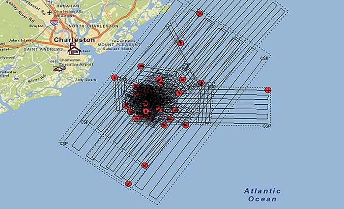 Graphic of the Atlantic Ocean showing the overlay of Coast Guard search and rescue efforts for a diver who was reported missing off South Carolina