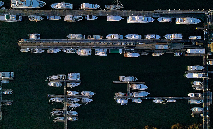 Ariel view of numerous vessels at Safe Harbor in Charleston City