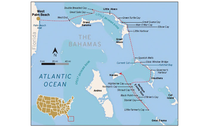 Graphic displaying stops along the trip in the Bahamas and Atlantic Ocean.