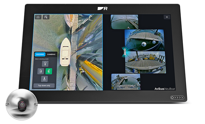 Display view of Avikus’s technology providing a 360-degree bird’s-eye view assisting in tight-quarters maneuvering and docking.