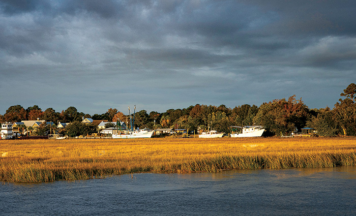 Three white vessels docked with overcast skies.