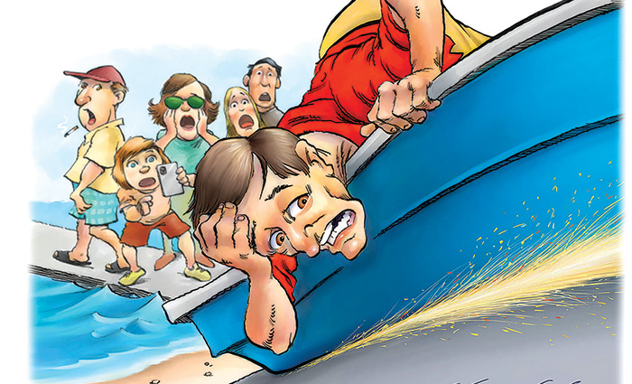 Illustration displaying an adult male wearing a red polo expressing shock and a boat ramping failure while an audience looks on in the background.