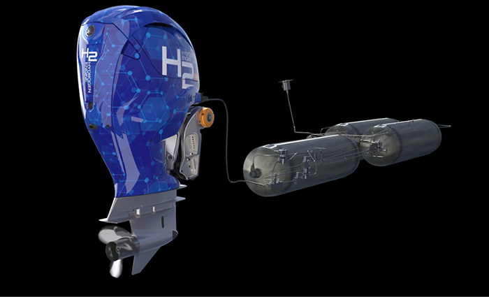 Yamaha Marine blue motor next to black Black hydrogen-powered cylinders