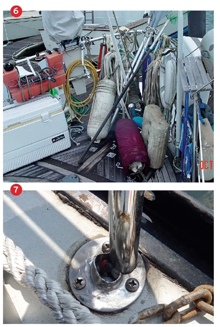 Various boating equipment spread across a wooden dock and a close-up view of a broken metal pipe on a boat.