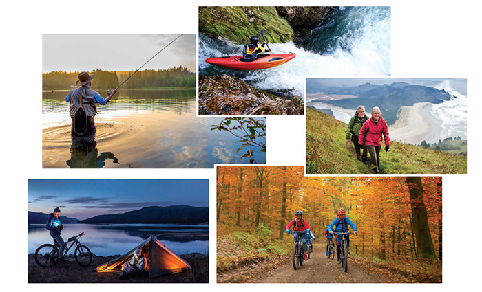 Collage of photos showing people enjoying fishing, biking, hiking, kayaking and camping. 