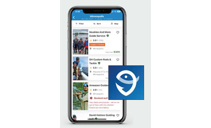 Mobile device showcasing FishingBooker fishing charter finder and logo.