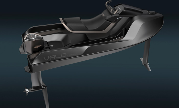 Model rendering showcasing black and grey Valo twin foils and a 45-kW drive motor