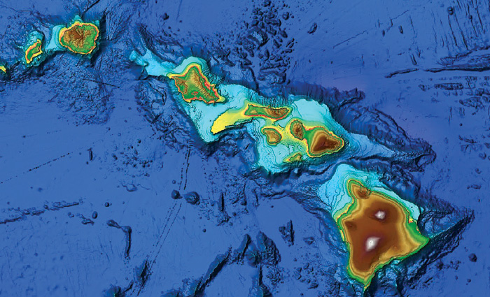 Underwater sonar map view with blue, red, green and yellow shading.