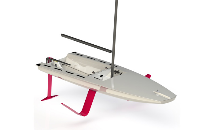 Model of a white sailboat with red keels