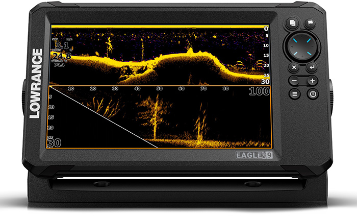 A black sonar device displaying results in yellow and orange data.