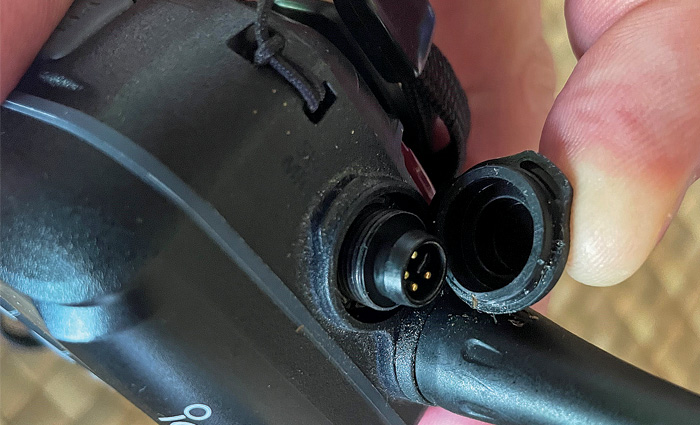 Up-close view of a a black handheld VHF