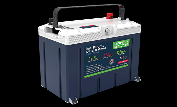 A navy cranking and deep cycle lithium battery with a white top.