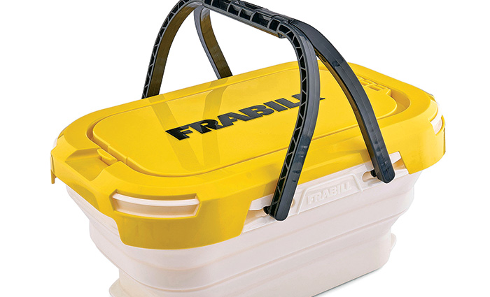 A white collapsible bait bucket with a yellow lid and black handles.