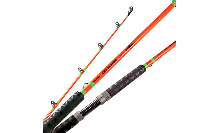 Three black and orange catfish rods.