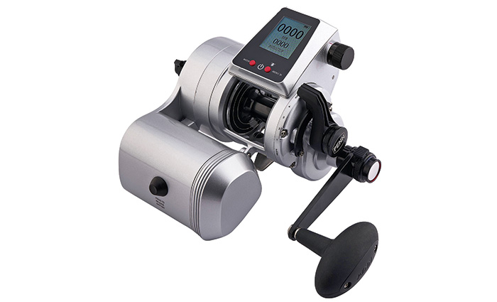Silver and black cordless electric fishing reel.