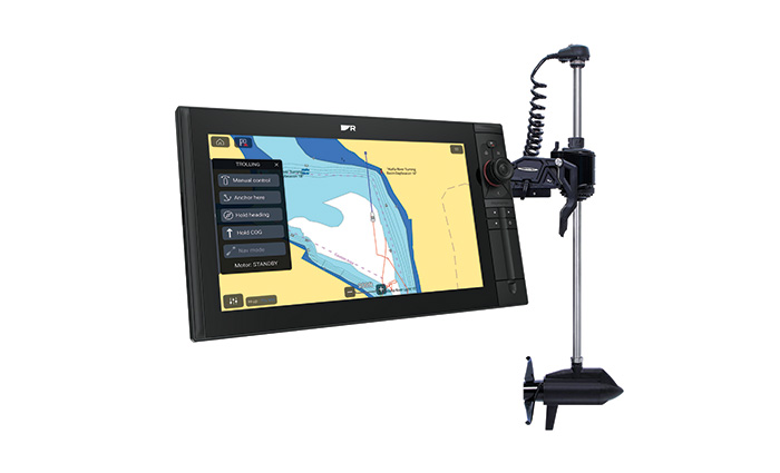 Black and silver trolling motor with multifunctional display showcasing navigation.