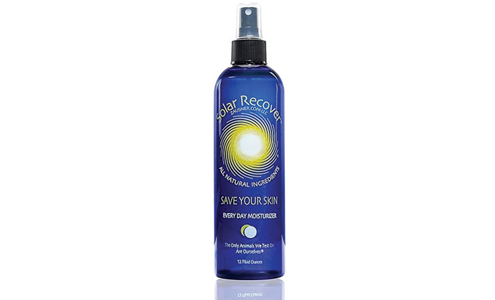 12 ounce blue and yellow bottle of sun spray