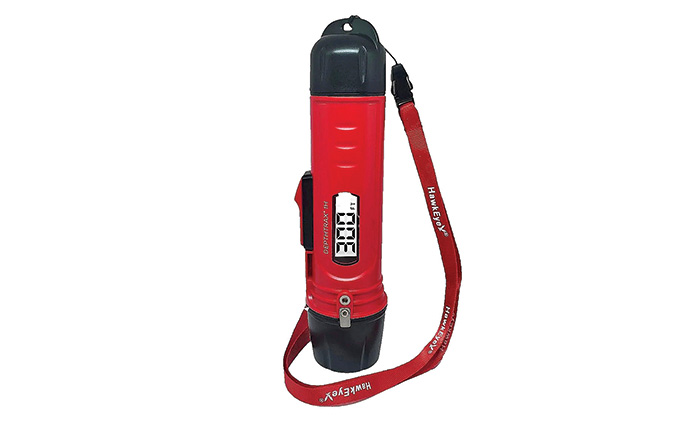 Red and black depth sounder with red strap.