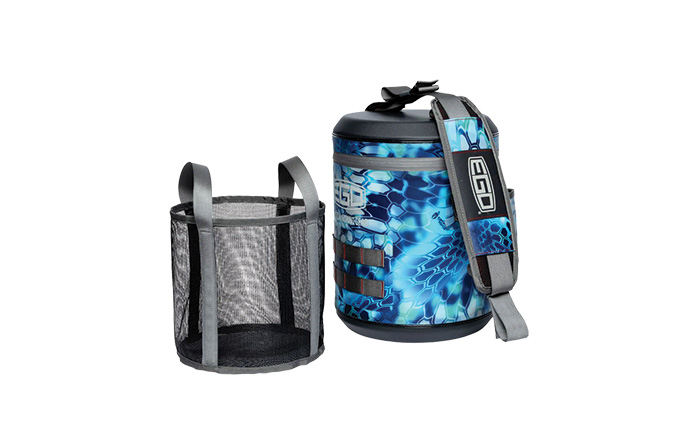 Black bait bucket next to a blue and black bait bucket cooler