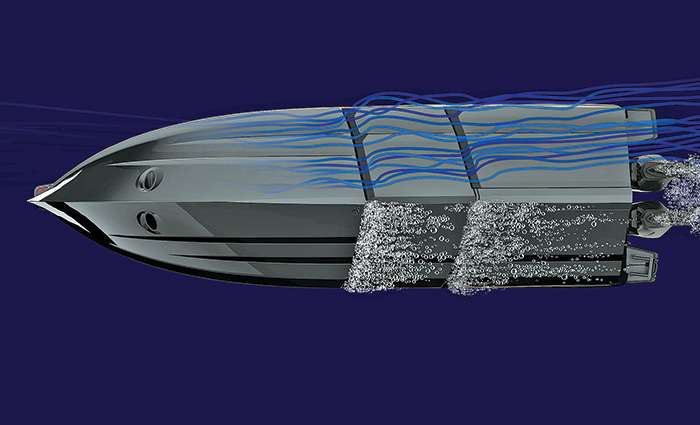 Illustration displaying a view under a gray boat deflecting water.