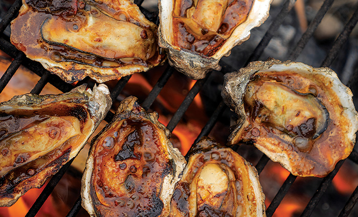 Oysters on a hot grill.