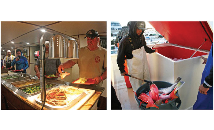 Side-by-side photos of men getting food from a buffet line and a man in white overalls placing fish in a large cooler.