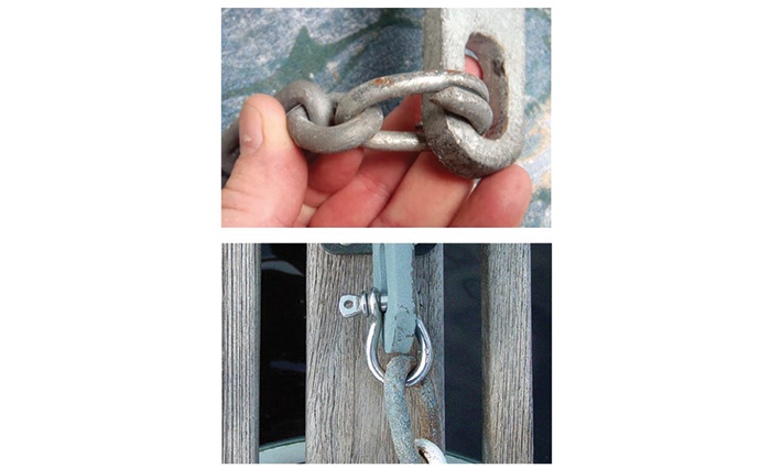 Up-close view of a split-repair link and shackle link.