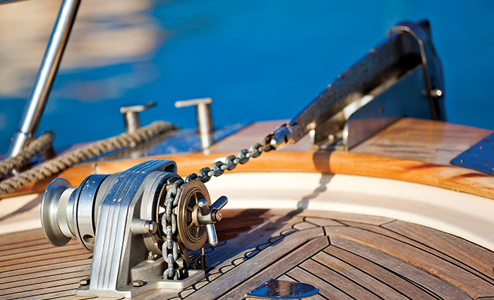 All-chain rode on the bow of a boat.