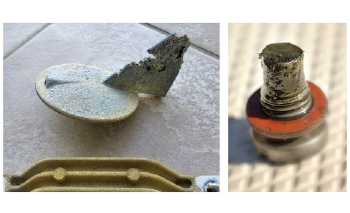 Two images showing a corroded anode and a magnet.