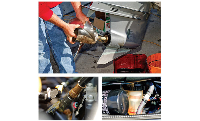 Three images - one of a prop shaft being removed, up-close view of fittings and a water separation filter.