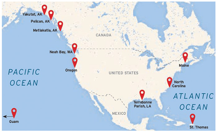 Map of North America with various red markers along the coasts.